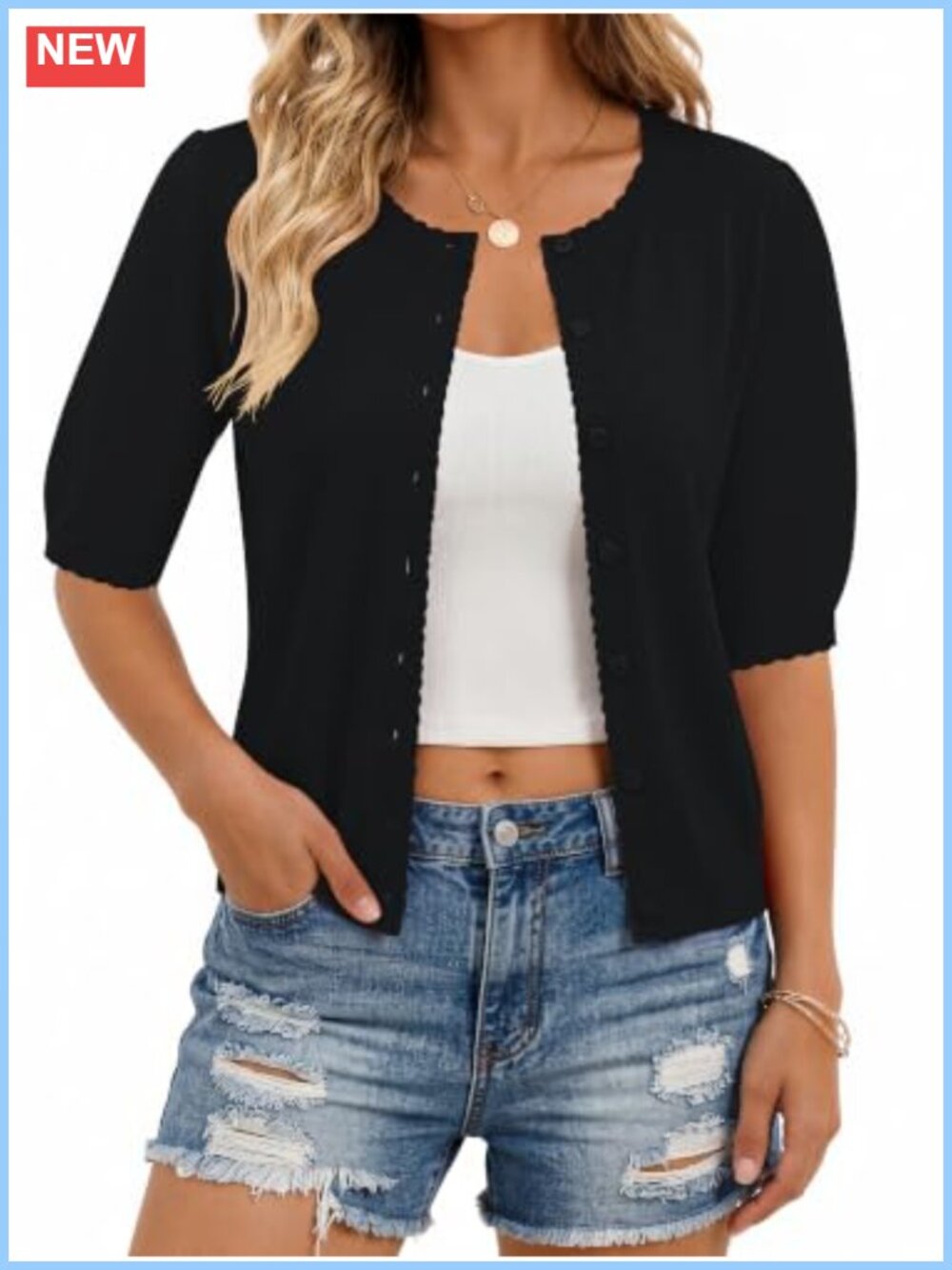 LUYAA Short Sleeve Cropped Cardigan Scalloped Puff Sleeve Knit Sweater